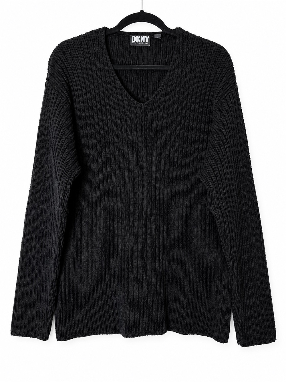 DKNY Vintage Black Ribbed Knit V-Neck Sweater 100% Cotton XL